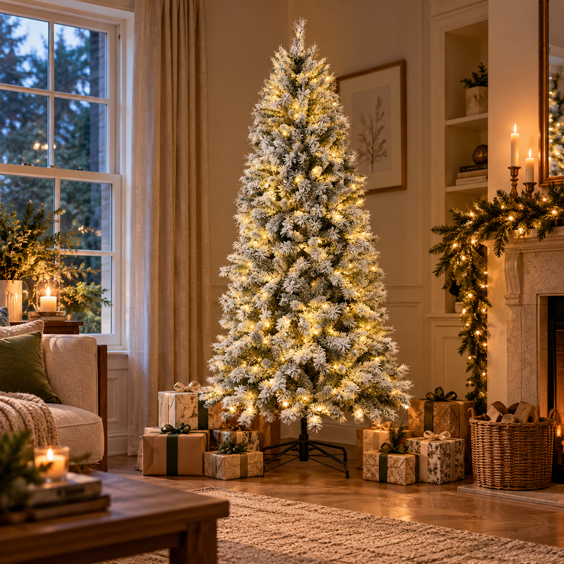 7 Feet Prelit Lights Snowy Frosted Christmas Tree | White & Green