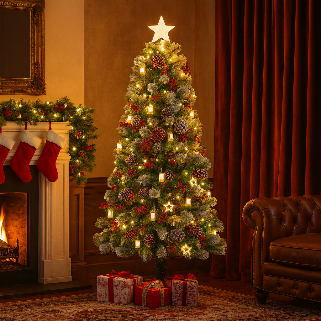 7ft Fibre Optic Christmas Tree With Cones, Berries & Lanterns | Dark Green