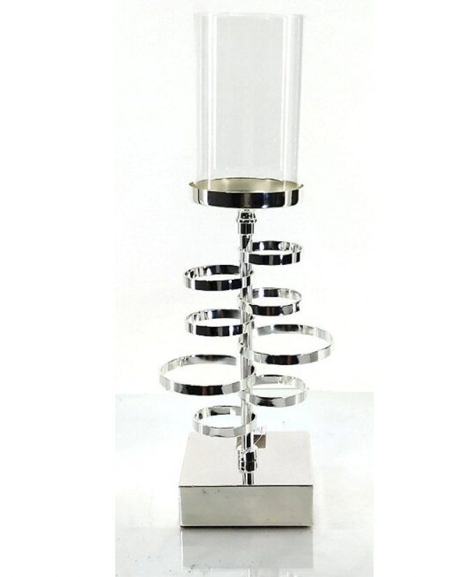 Contemporary Silver Candle Holder with Clear Glass Pillar Shade - MacCarthys