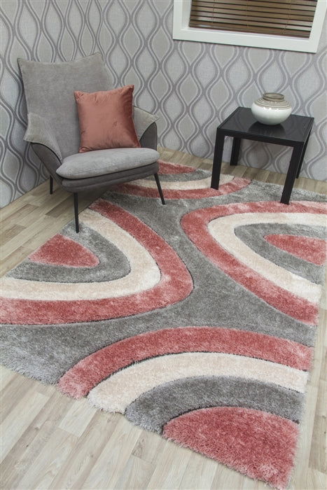 Luxus Ripple Shaggy Rug - Pink/Grey/Cream - MacCarthys