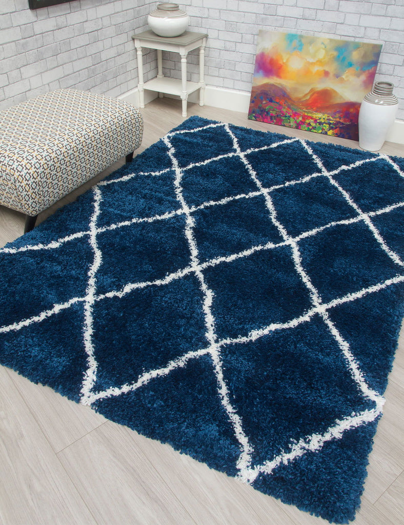 Fantasy Trellis Blue/Cream Shaggy Rug - MacCarthys