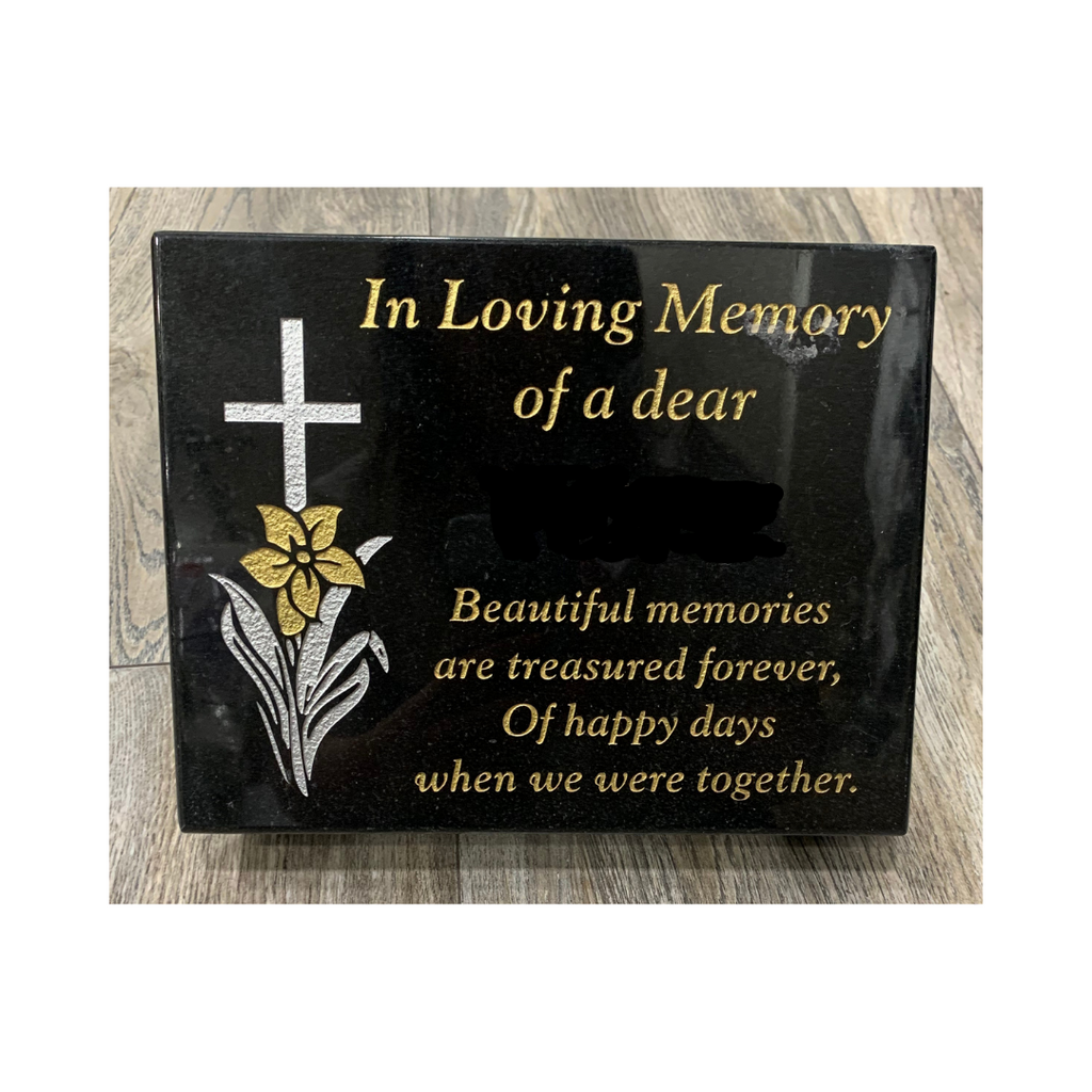 Cross With Flower "Beautiful Memories" - Granite Grave Plaque - MacCarthys