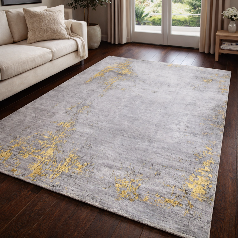 Modena Puccini Grey & Gold Contemporary Minimal Rug