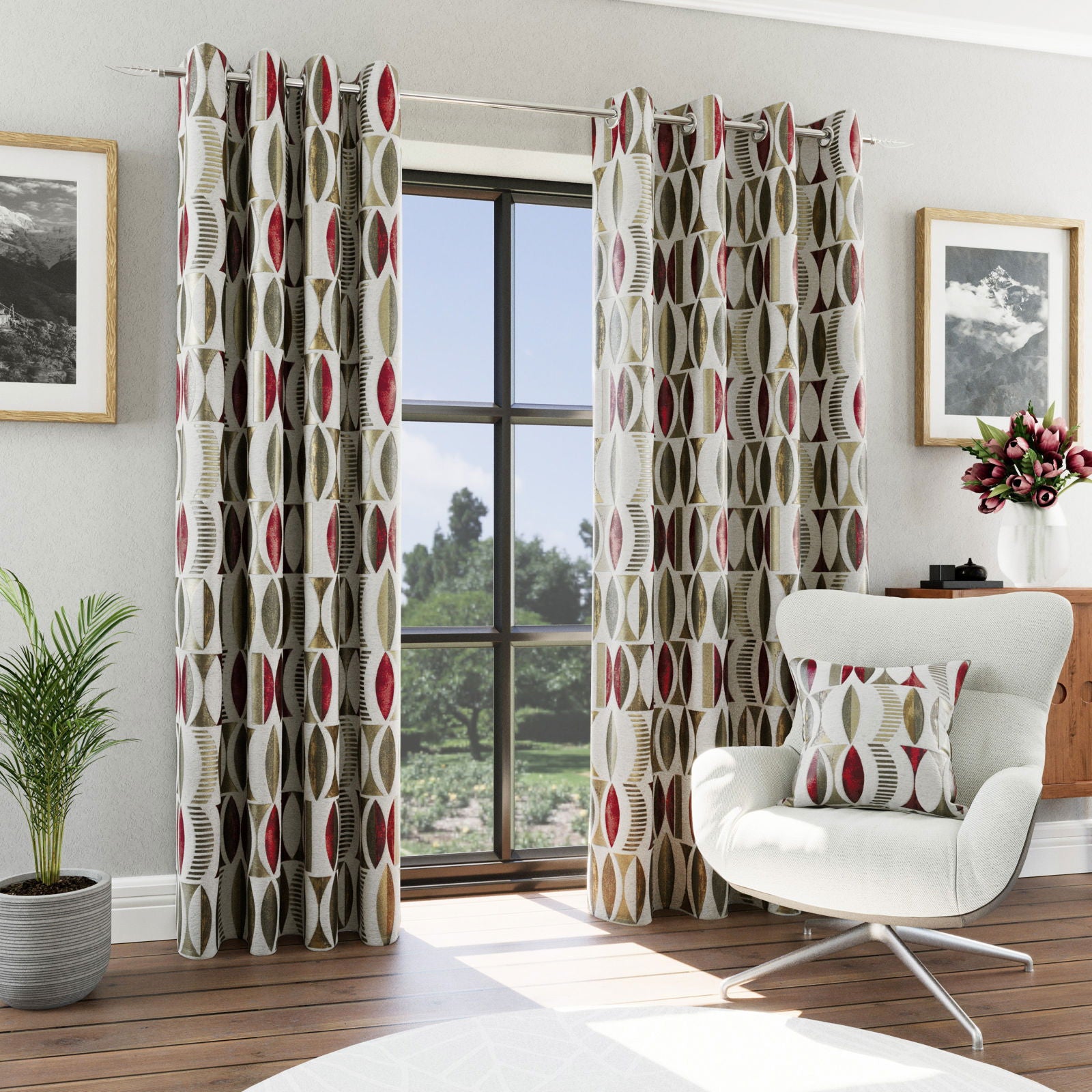 Beige/Red Interlined Curtains | Abstract Pattern | Himalaya | MacCarthys
