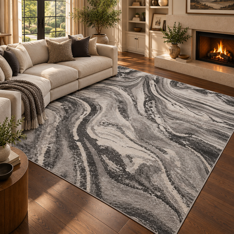 Balletto Grey & Black Marble Modern Contemporary Rug