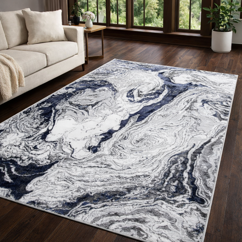 Boutique Vivid  Midnight Blue & Silver Marble Pattern Rug