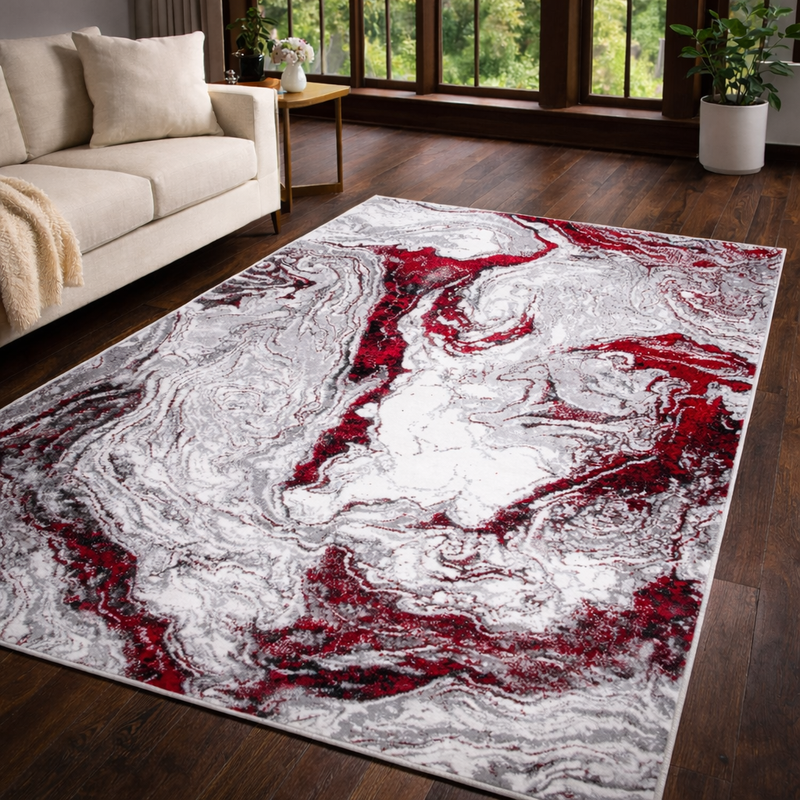 Boutique Vivid Red & Silver Contemporary Marble Pattern Rug
