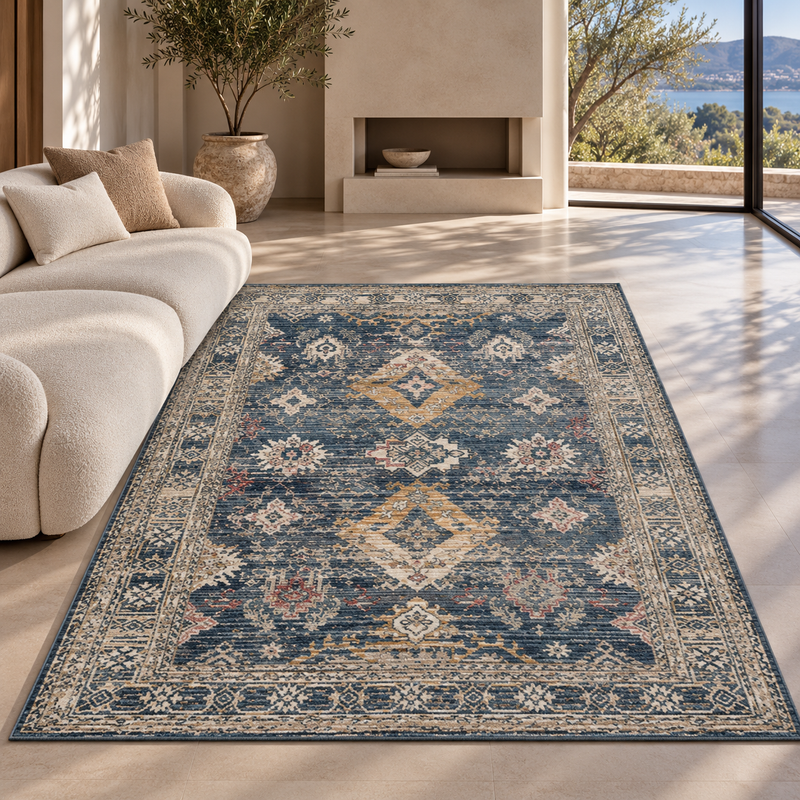 Urco Nuevo Lillian Deep Steel Blue & Ivory Cream Classic Vintage Rug