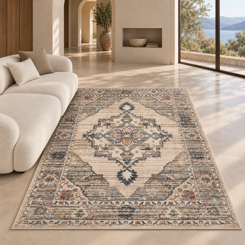 Urco Nuevo Leona Oatmeal Beige & Charchoal Classic Oriental Vintage Rug