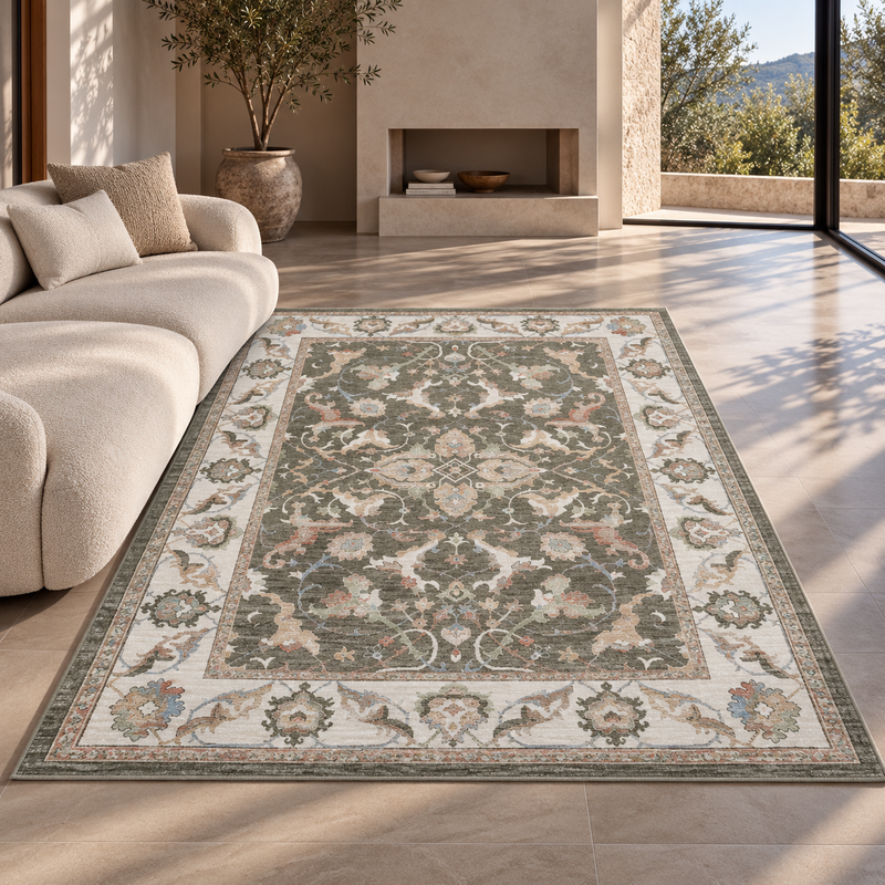 Prestige Keyon Alia Olive Green & Ivory Cream Oriental Vintage Rug