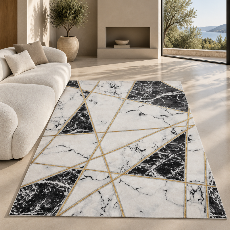 Handmade Bianco Black White & Gold Modern Contemporary Rug