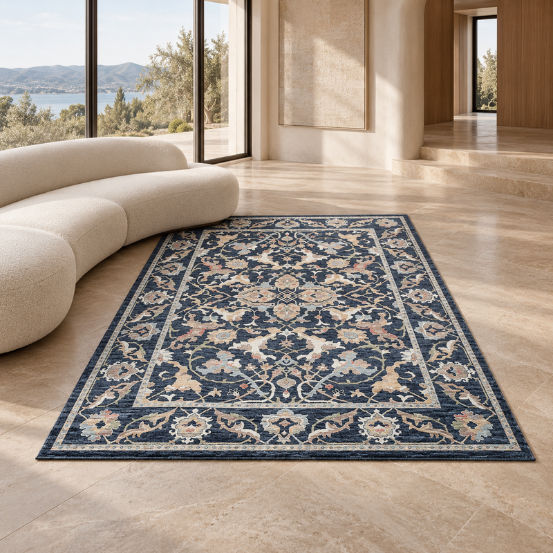 Prestige Keyon Alia Deep Navy Blue & Ivory Cream Oriental Vintage Rug