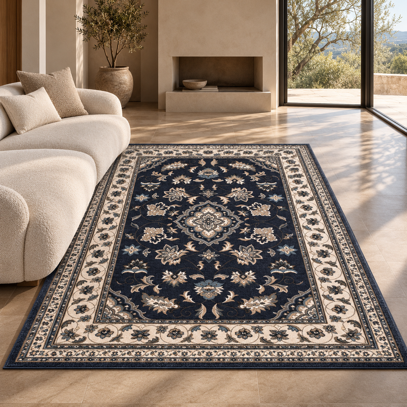 Hand Made Sherbourne Deep Navy Blue & Ivory Cream Classic Vintage Rug