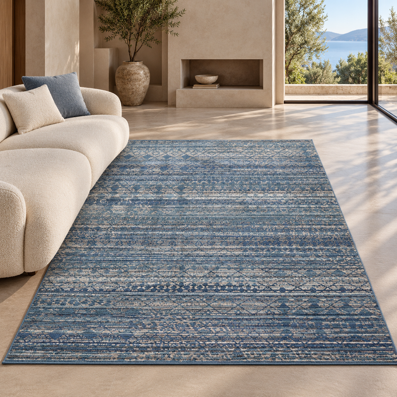 Urco Nuevo Owen Deep Denim Blue & Ivory Cream Modern Bohemian Rug