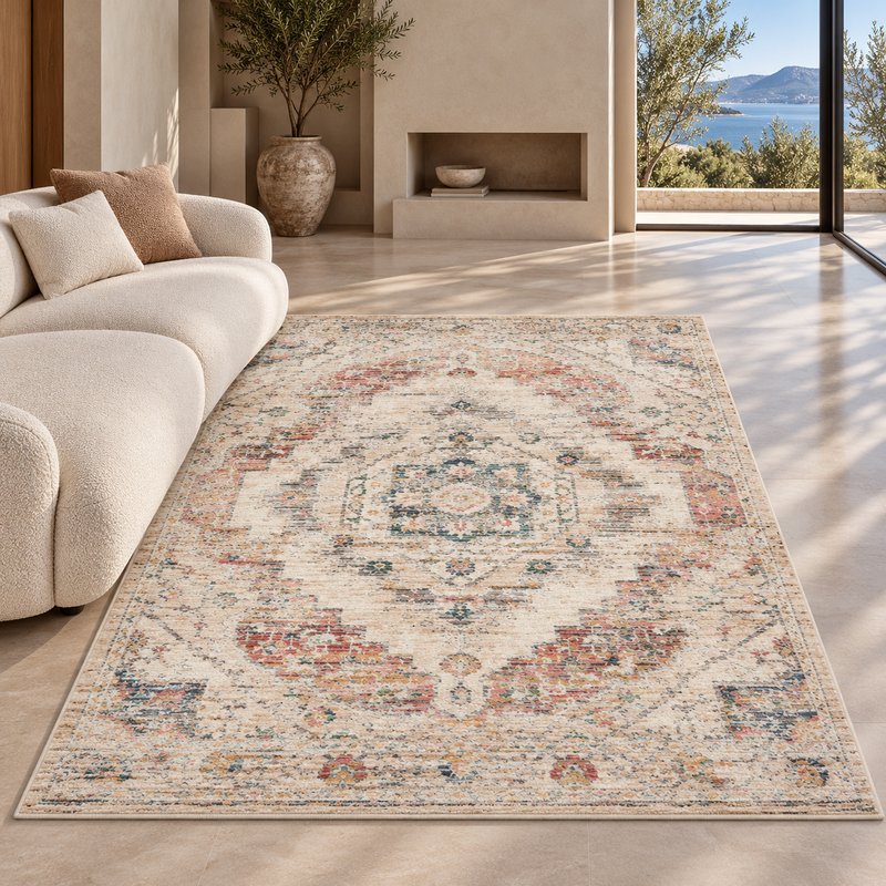 Urco Nuevo Loki Ivory Cream & Muted Terracotta Bohemian Vintage Rug
