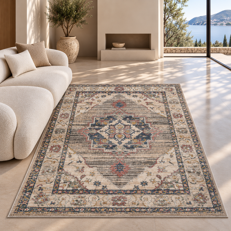 Urco Nuevo Leona Antique Beige & Navy Blue Oriental Vintage Rug