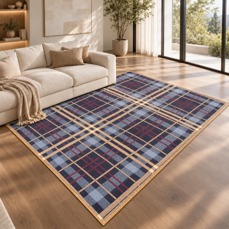 Urco Tartan Checks Deep Navy Blue & Oatmeal Cream Abstract Contemporary Rug