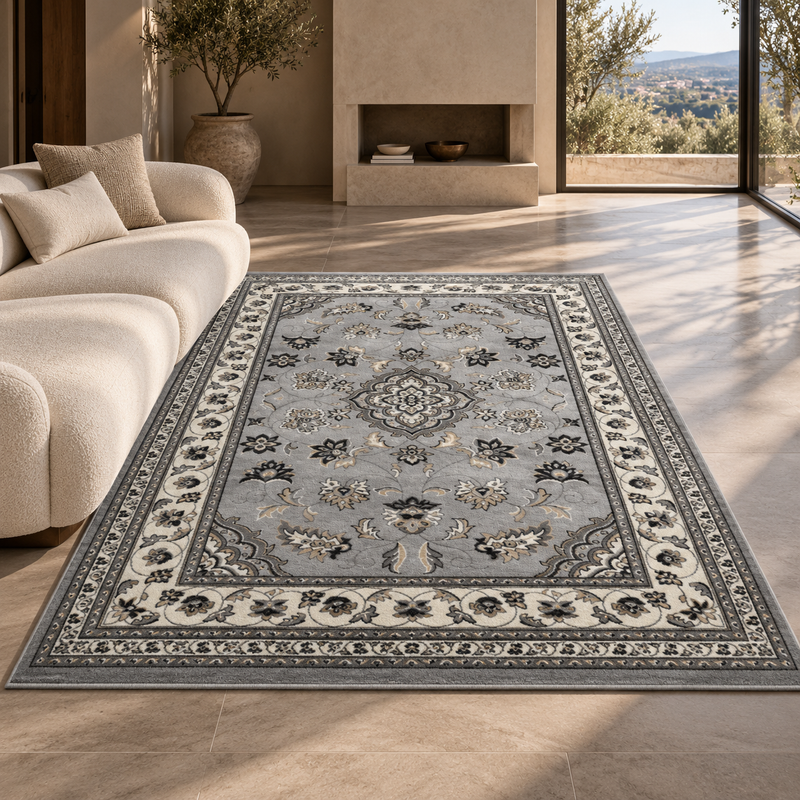 Hand Made Sherbourne Stone Grey & Ivory Cream Vintage Traditional Rug