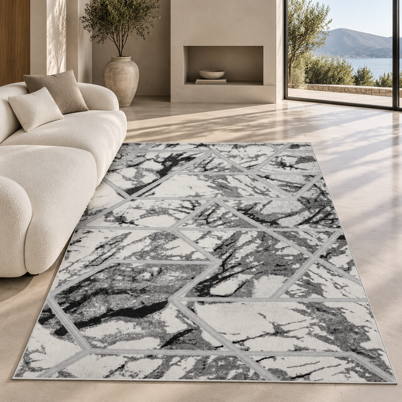 Handmade Bianco Grey & Silver Marble Contemporary Rug
