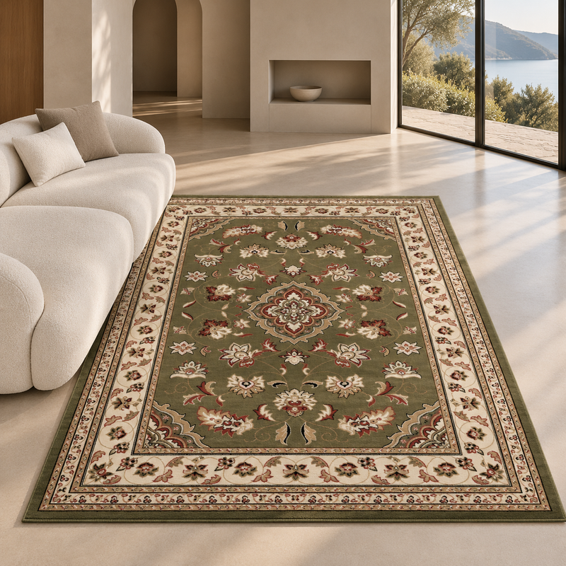 Hand Made Sherbourne Olive Green & Ivory Cream Classic Vintage Rug