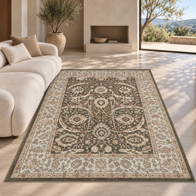 Prestige Viana Alia Deep Olive Green & Ivory Cream Oriental Vintage Rug