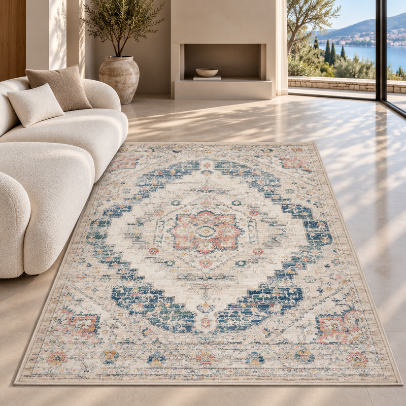 Urco Nuevo Loki Ivory Cream & Deep Indigo Blue Bohemian Vintage Rug