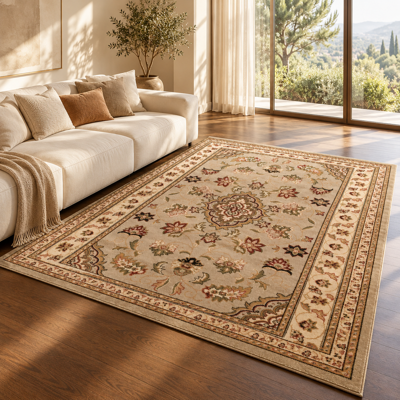 Hand Made Sherbourne Oatmeal Biege & Warm Chestnut Brown Classic Vintage Rug