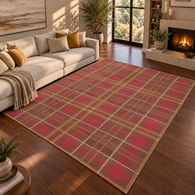Urco Tartan Checks Burgundy Red & Caramel Tan Abstract Contemporary Rug