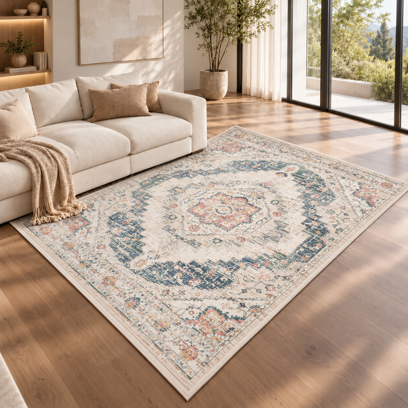 Urco Nova Loki Ivory Cream & Deep Indigo Blue Bohemian Vintage Rug