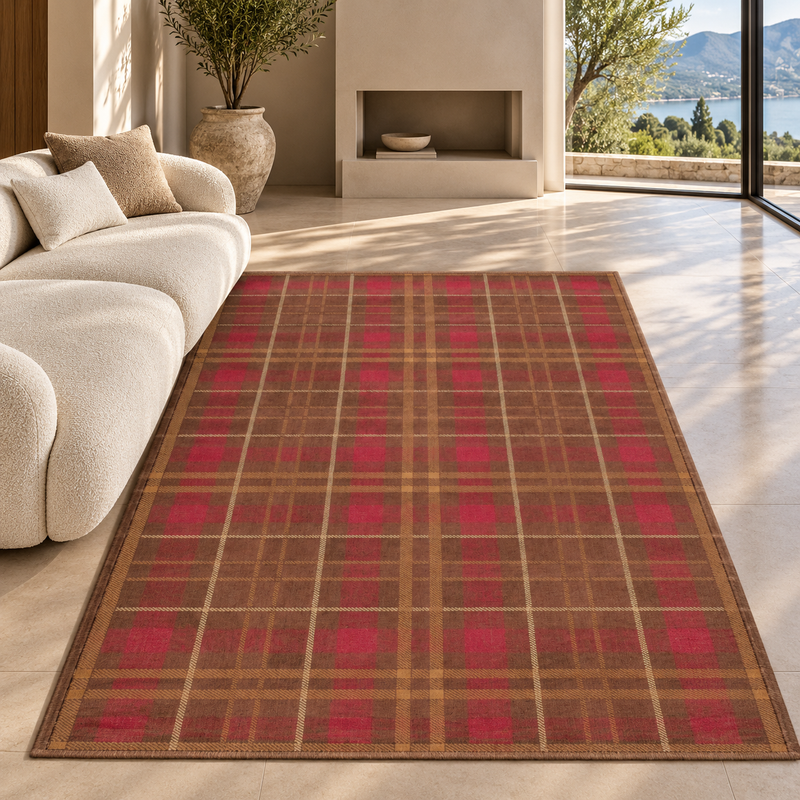 Urco Tartan Checks Burgundy Red & Caramel Tan Abstract Contemporary Rug