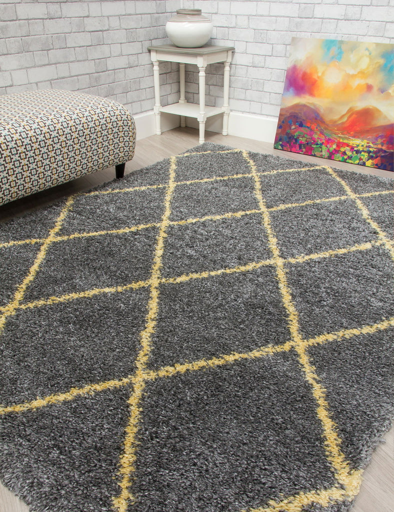 Fantasy Trellis Dark Grey/Yellow Shaggy Rug - MacCarthys