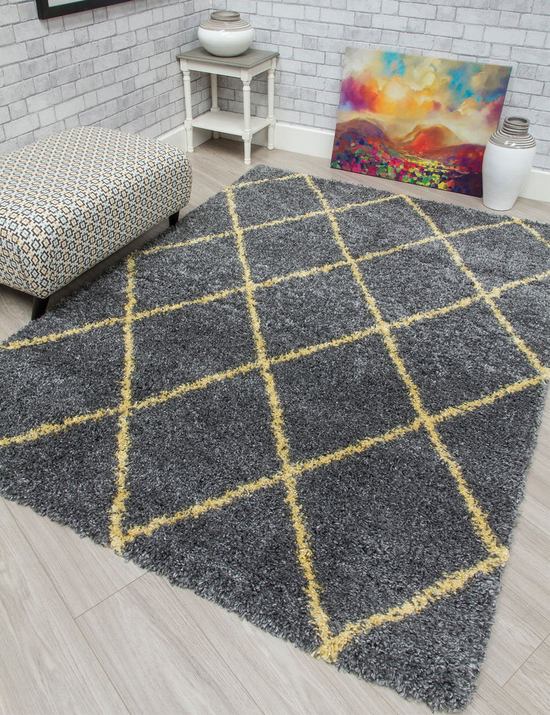 Fantasy Trellis Dark Grey/Yellow Shaggy Rug - MacCarthys