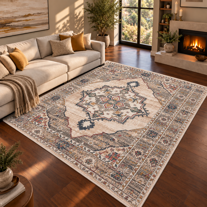 Urco Nova Leona Oatmeal Beige & Charchoal Classic Oriental Vintage Rug