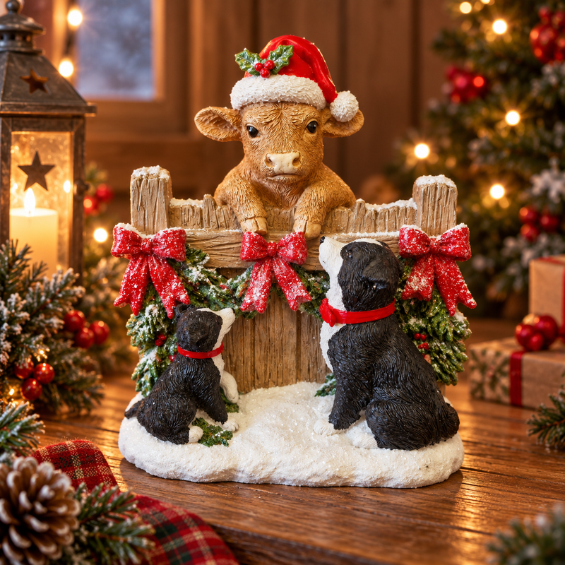 Farmyard with Cow & Collie Dogs Christmas Decoration