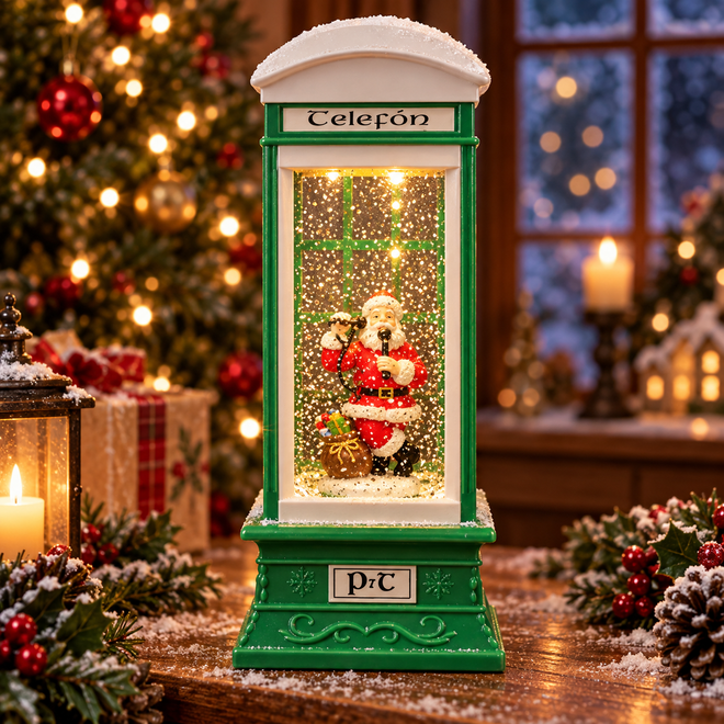Santa Telephone Box Glitter Lantern with LED Lights Christmas Decoration