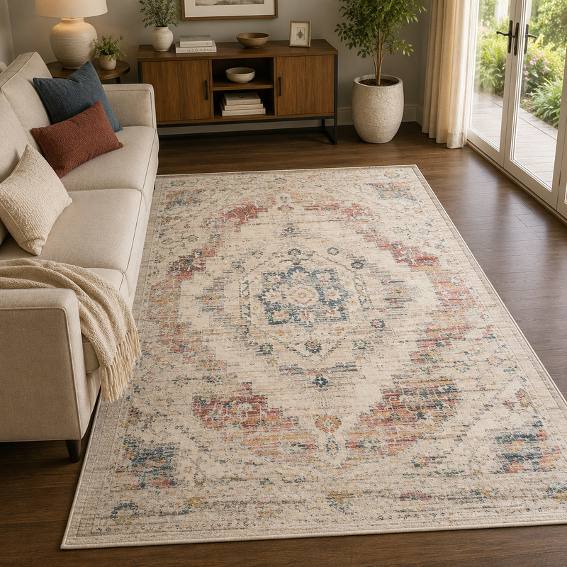Urco Nova Loki Cream & Red Bohemian Vintage Rug