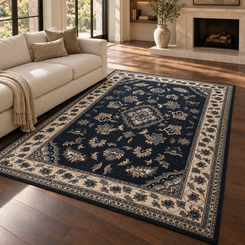 Hand Made Sherbourne Deep Navy Blue & Ivory Cream Classic Vintage Rug