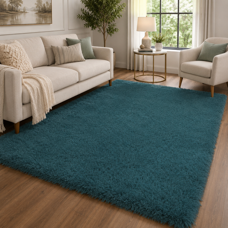 Handmade Mayfair Dark Cyan Plush Contemporary Shaggy Rug