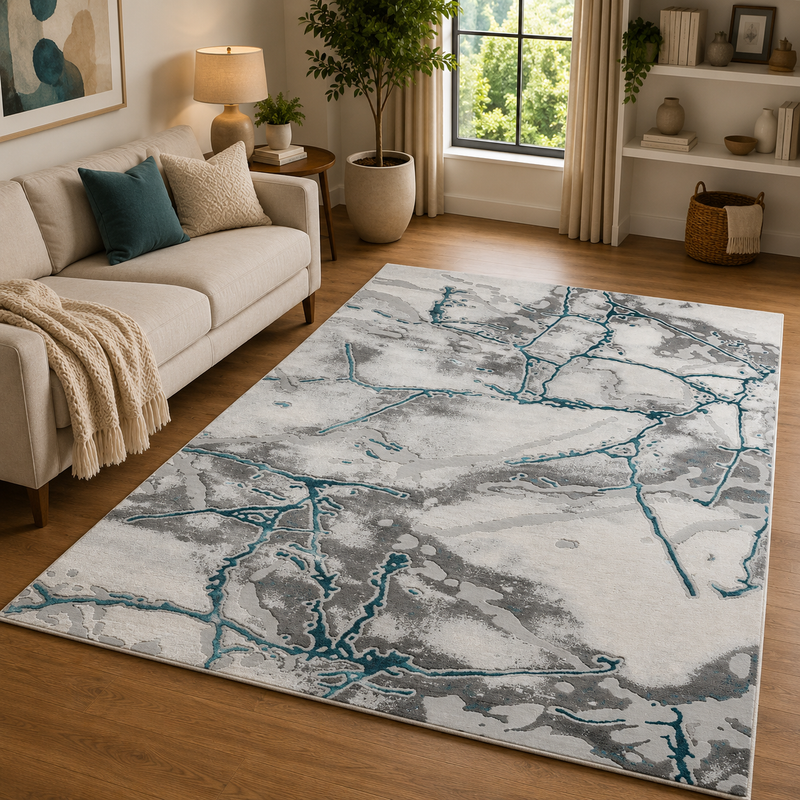 Handmade Bianco Silver & Teal Modern Contemporary Rug