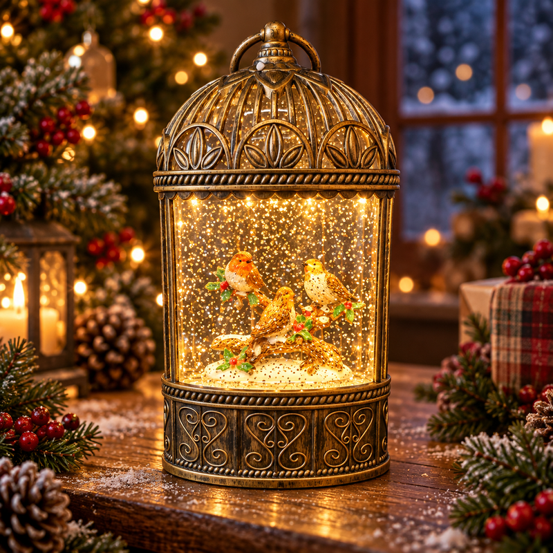 Gold Robin Glitter Christmas Lantern