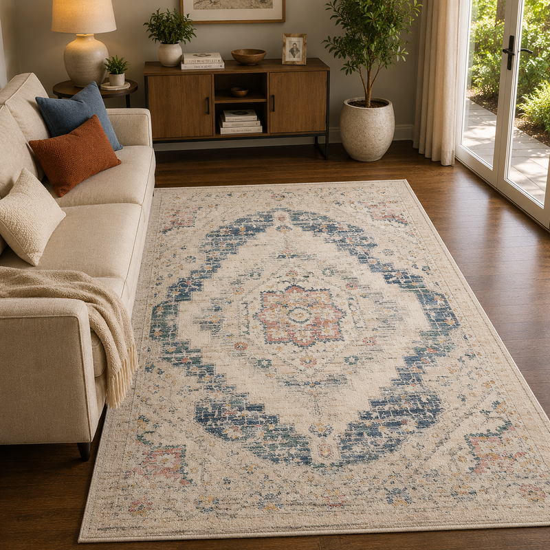 Urco Nova Loki Cream & Blue Bohemian Vintage Rug