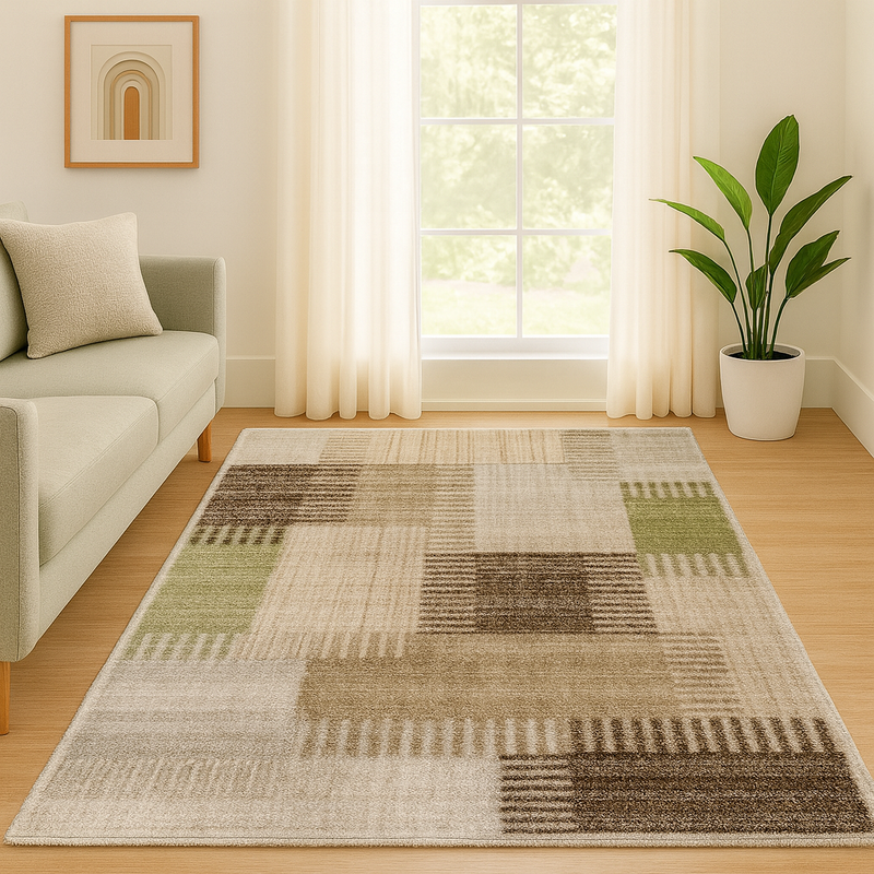 Ardenne Deco Green & Beige Contemporary Patchwork Rug